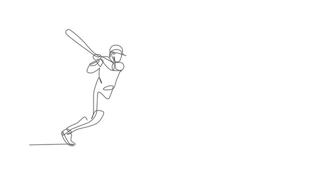 Animated self drawing of continuous line draw young agile man baseball player practice to hit the ball. Sport exercise concept. Full length one line animation illustration for baseball promotion media