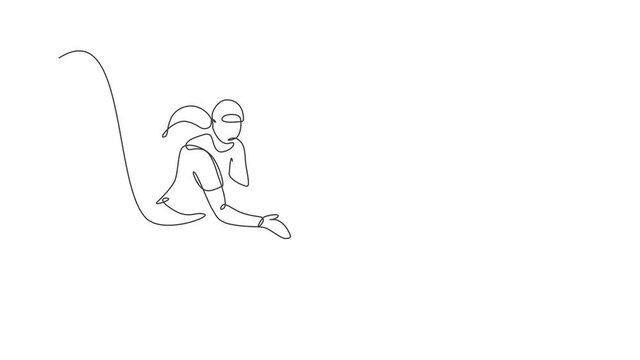 Animation of one line drawing of energetic woman baseball player focus to throw the ball. Sport training concept. Continuous line self draw animated for baseball tournament banner. Full length motion.