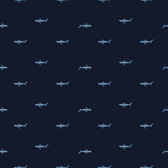 Seamless pattern Blue shark on black background. Texture of marine fish for any purpose.