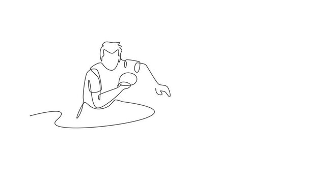 Animation of one line drawing of energetic man table tennis player ready to hit the ball. Sport training concept. Continuous line self draw animated for ping pong tournament banner. Full length motion