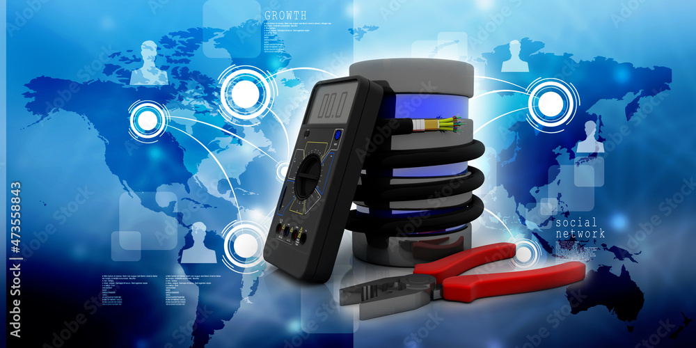 Poster 3d rendering fiber optical cable detail connected database with multi meter near cutting player