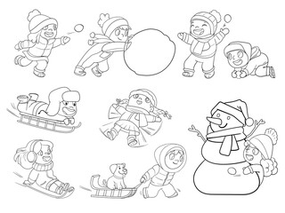 Children playing outside snowballs and sledding from a snow slide. Kids playing in winter outdoors. Funny cartoon characters. Vector illustration. Isolated on white background. Coloring book. Set