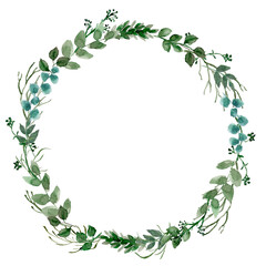 Leaves and branches frame isolated on white background, Rustic greenery frame, Floral hand painted garland, Watercolor green leaf wreath, For wedding design, invitation, greeting card