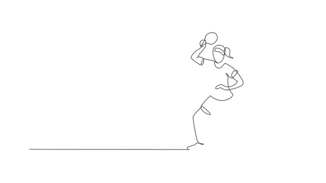 Animated self drawing of continuous line draw woman table tennis player turn the ball back to rival. Competitive sport concept. Full length single line animation for ping pong championship poster.
