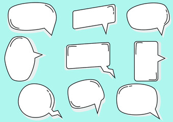 Collection set of white blank speaking box, speech bubbles, frame talk, chat box, balloon, thinking balloons, border frame, thought bubble