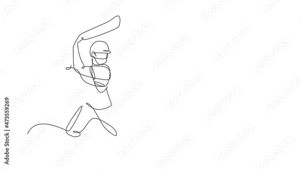 Poster animated self drawing of single continuous line draw young agile man cricket player standing and rea