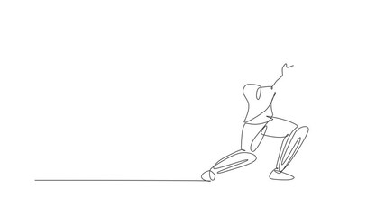 Animated self drawing of one continuous line draw young happy woman cricket player focus to hit the ball at field. Competitive sport concept. Full length single line animation for advertisement poster
