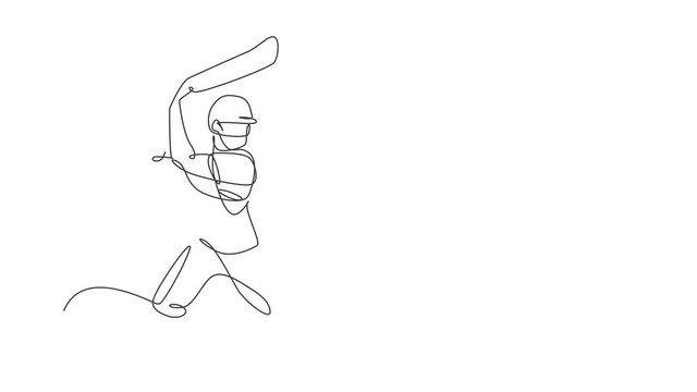 Animated self drawing of single continuous line draw young agile man cricket player standing and ready to hit ball. Sport exercise concept. Full length one line animation for cricket promotion media.