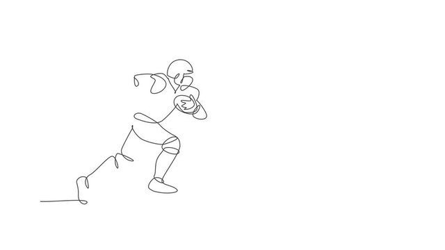 Animation of one line drawing of energetic american football player running while hold the ball for league promotion. Sport competition concept. Continuous line self draw animated. Full length motion.