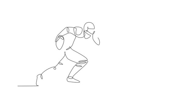 Animated self drawing of one continuous line draw sporty american football player running fast to reach goal line for competition poster. Sport teamwork concept. Full length single line animation.