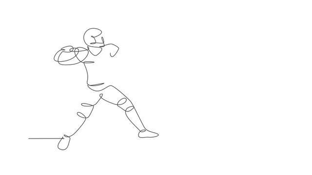 Animated self drawing of single continuous line draw young agile american football player pass throw the ball to his team for competition media. Sport exercise concept. Full length one line animation.
