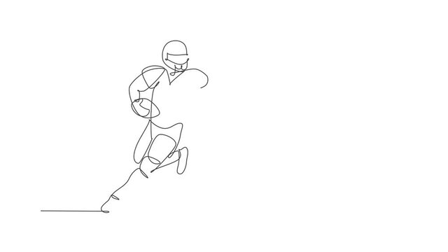 Animated self drawing of one continuous line draw young happy american football player running fast to avoid opponents for competition poster. Sport teamwork concept. Full length single line animation