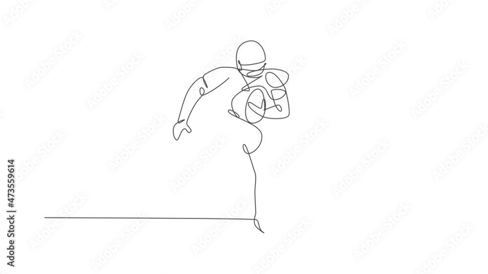 Poster animated self drawing of single continuous line draw young agile american football player running fa