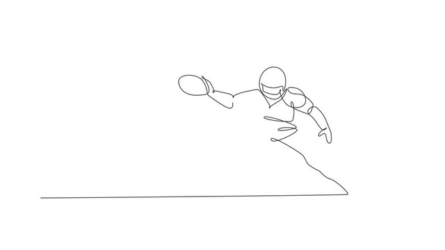 Animation of one line drawing of energetic american football player jump and catch ball for national league promotion. Sport competition concept. Continuous line self draw animated. Full length motion