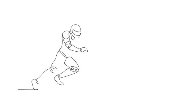 Animated self drawing of single continuous line draw young agile american football player running fast to score a goal for competition media. Sport exercise concept. Full length one line animation.