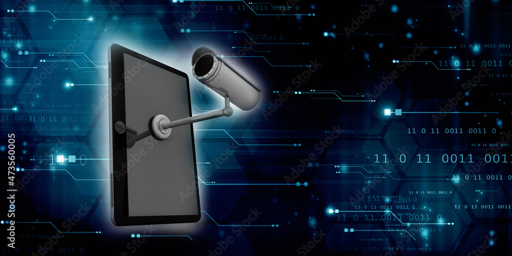 Poster 3d rendering surveillance cctv security camera with mobile network