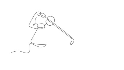Animated self drawing of continuous line draw young golf player swing golf club and hit the ball. Leisure sport concept. Full length single line animation illustration for tournament promotion media.