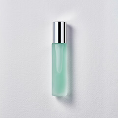 Colored cosmetic in glass bottle with chrome cap on white background