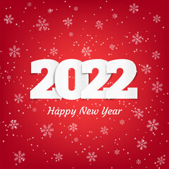 Happy New Year 2022 background, banner with falling snow and snowflakes on red background. Merry Christmas Greeting card, brochure or banner template. Stock Vector illustration.