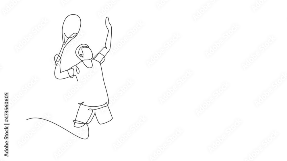 Poster animated self drawing of single continuous line draw young agile tennis player ready to service the 