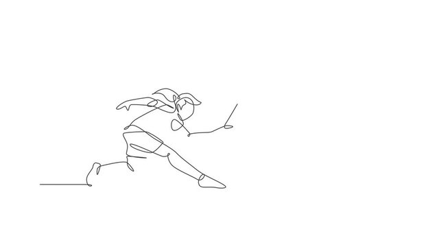 Animation of one line drawing of energetic badminton player defense from opponent's jumping smash. Sport concept. Continuous line self draw animated for badminton tournament poster. Full length motion