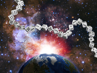 abstract image of a chain of dice on the background of a space landscape.