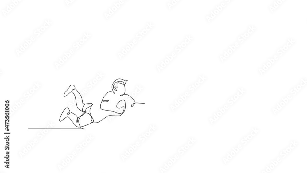 Poster animated self drawing of single continuous line draw young agile rugby player jumping to catch the b