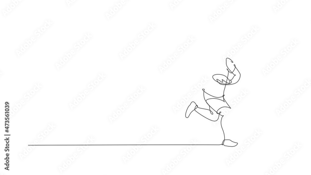 Poster animated self drawing of continuous line draw young agile rugby player running and holding the ball.