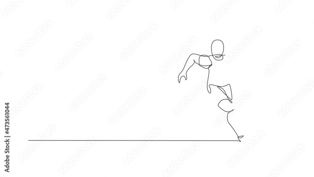Poster animation of one line drawing of energetic man rugby player running to avoid rival chase. healthy sp