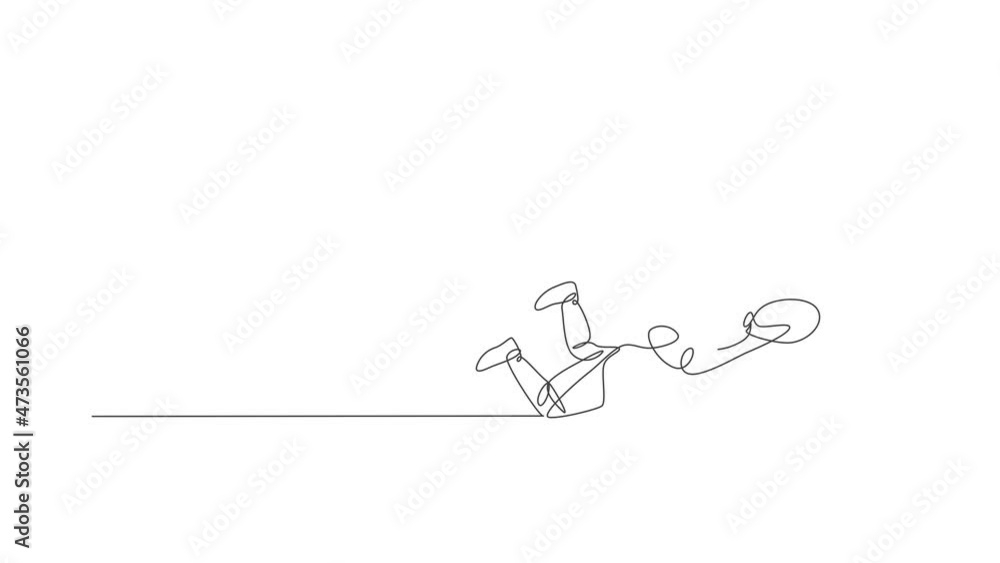 Aufkleber animated self drawing of single continuous line draw young agile rugby player jump flying to catch b