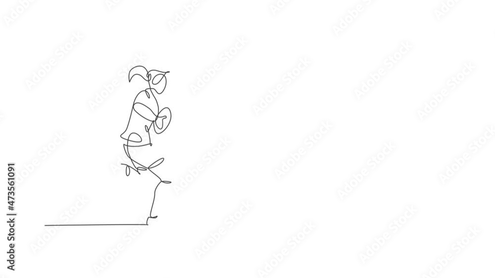 Poster animated self drawing of continuous line draw young agile rugby player running and holding the ball.