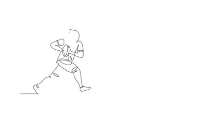 Animated self drawing of continuous line draw young man rugby player training and exercising. Competitive aggressive sport concept. Full length single line animation for tournament promotion poster.