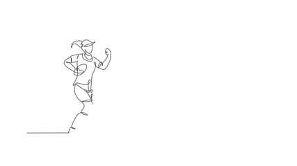 Animation of one line drawing of energetic rugby player running and holding the ball. Healthy sport concept. Continuous line self draw animated for basketball tournament poster. Full length motion. - Powered by Adobe