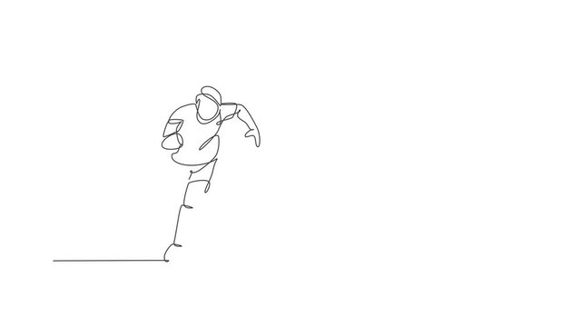 Animated self drawing of one continuous line draw young man rugby player run and hold the ball. Competitive aggressive sport concept. Full length single line animation for tournament promotion media.