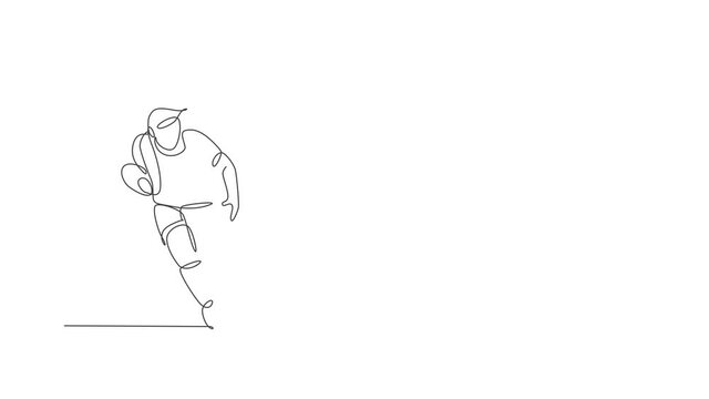 Animated self drawing of single continuous line draw young agile rugby player running to avoid rival. Competitive sport concept. Full length one line animation for rugby tournament promotion media.