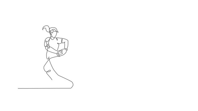 Animated self drawing of one continuous line draw young rugby player catch the ball and avoid opponent. Competitive aggressive sport concept. Full length single line animation for tournament promotion