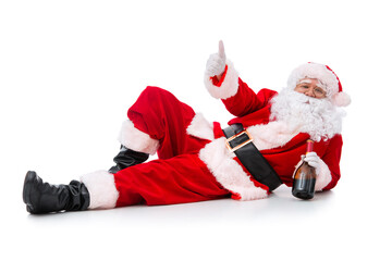 Drunk and happy Santa Claus with a bottle of wine