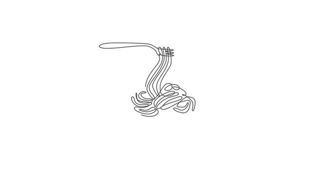 Animation of one line drawing of delicious Italian spaghetti logo. Pasta fast food cafe menu and restaurant badge concept. Continuous line self draw animated street food logotype. Full length motion.