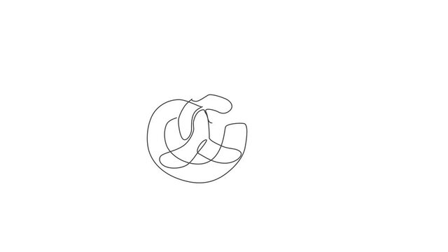 Animated self drawing of one continuous line draw fresh delicious Germany snack pretzel on hand logo emblem. Sweet cookies snack food shop logotype template concept. Full length single line animation.