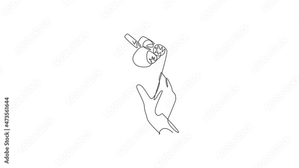 Poster animation of one line drawing of fresh delicious crispy crepes with wafer stick on hand. snack fast 