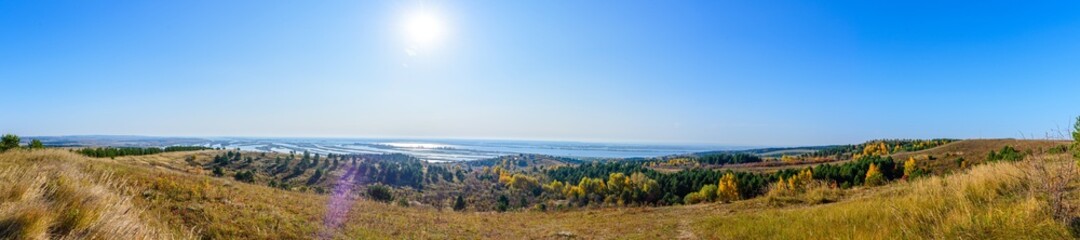 Panorama of the landscape near the Kama river near the village of Zuevy Klyuchi, Karakulinsky district, Udmurt Republic, Russia.