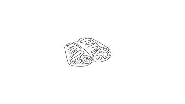 Animation of one line drawing of fresh crispy crepes on plate logo. Snack fast food cafe menu and restaurant badge concept. Continuous line self draw animated street food logotype. Full length motion.