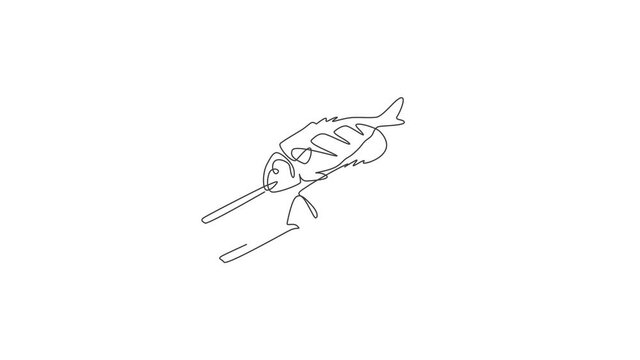 Animated self drawing of one continuous line draw fresh delicious baked carp fish restaurant logo emblem. Grilled seafood cafe shop logotype template concept. Full length single line animation.