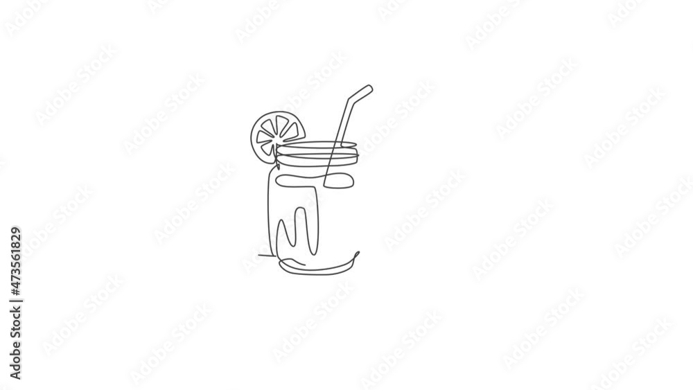 Poster animation of one single line drawing of fresh lemonade ice on jar glass with sliced lemon illustrati