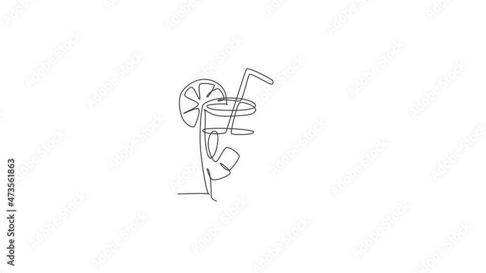 Poster animated self drawing of one continuous line draw fresh delicious lemonade ice with sliced lemon for