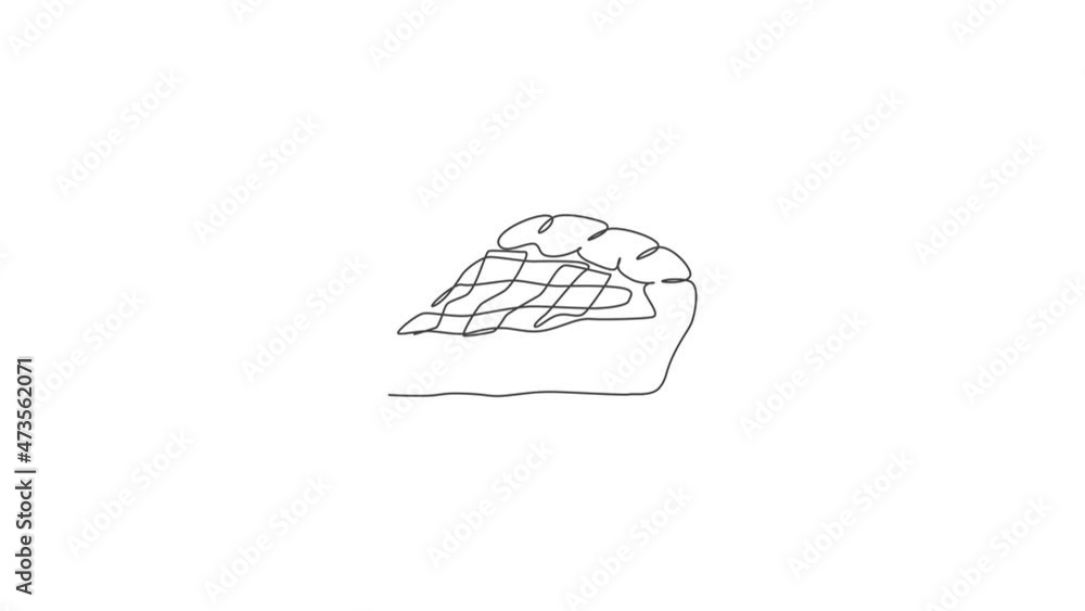Poster animation of one single line drawing of fresh sliced apple pie logo. pastry bakery food cafe menu an