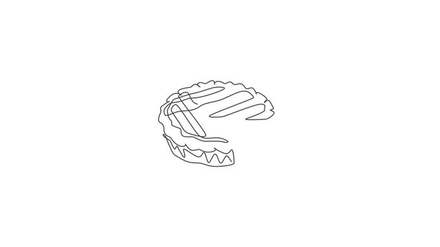 Animated self drawing of one continuous line draw fresh delicious American apple pie for pastry shop logo emblem. Traditional cake for celebration template concept. Full length single line animation.
