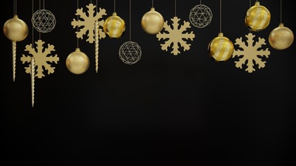 Gold christmas decoration on black background. 3d render