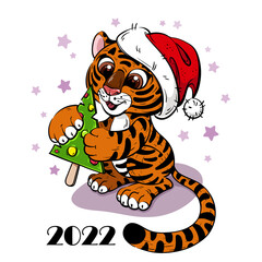 Fototapeta na wymiar Holiday Cartoon Tiger Cub in Santa Hat with candy