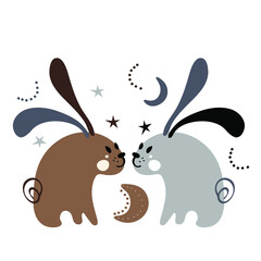 Cute hand drawn wild rabbits, hares and plants. Vector illustration.